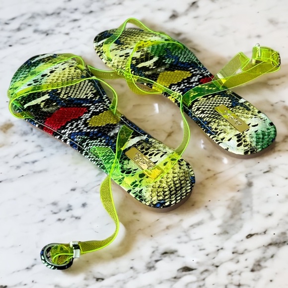 Multi snake neon strappy ankle wrap tie bright slide sandals - Picture 7 of 7